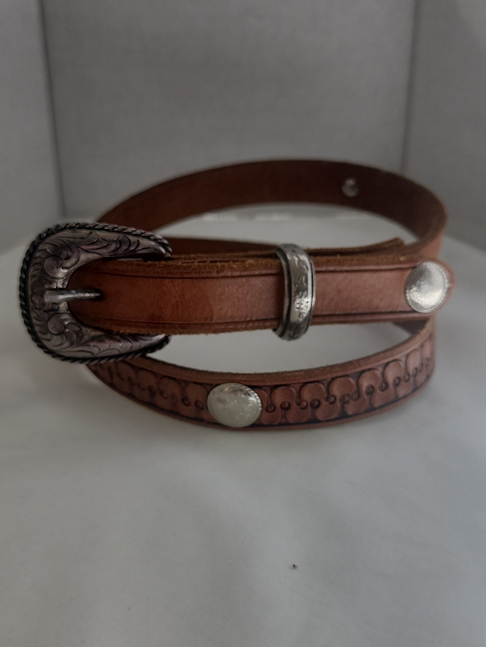 Tooled Leather Belt Sterling Silver Buckle BUFFALO TRAIL Made in France Western